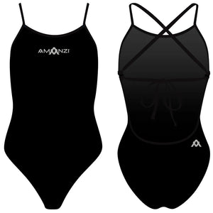 Amani women's black jet tie-back one-piece swimsuit with sleek design and stylish back tie detail.