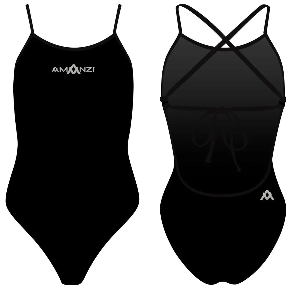 Amani women's black jet tie-back one-piece swimsuit with sleek design and stylish back tie detail.