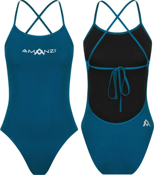 Amani women's Neptune navy one-piece swimsuit with tie-back design, featuring a sleek and stylish swimwear look.