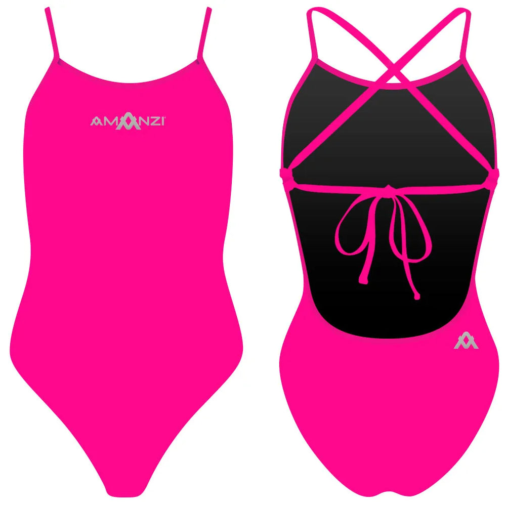 Pink Amanzi women's pixie tie-back one-piece swimsuit, shown on a model, with stylish design and comfortable fit.