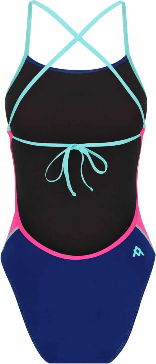 Amani women's pink and blue rose water tie-back one-piece swimsuit, featuring a stylish and comfortable swimwear design.