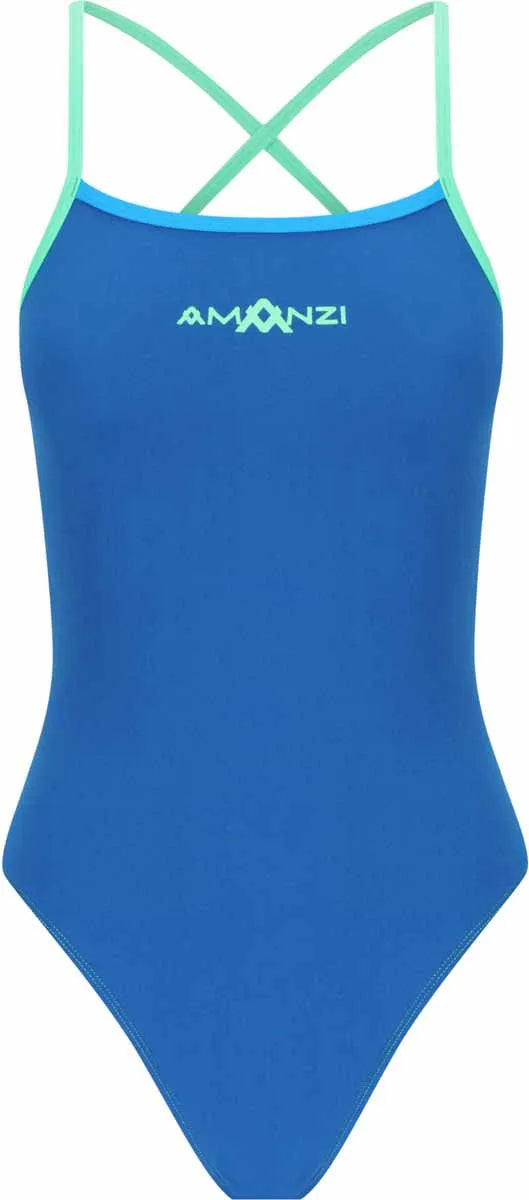 Amani women's Seaglass tie-back one-piece swimsuit in blue, featuring a stylish back design and smooth swimwear fabric.