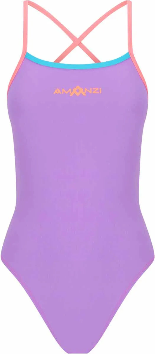 Amani Women's Splendour tie-back one-piece swimsuit in purple and blue, featuring a stylish design and adjustable tie back.