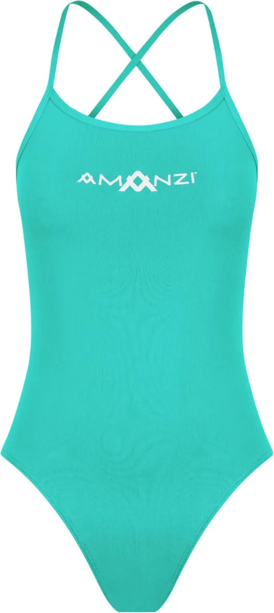 Amani girls' spearmint green tie-back one-piece swimsuit with adjustable straps, perfect for swimming and beach wear.