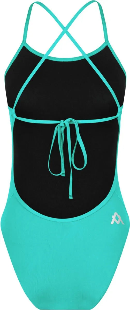 Amani girls' spearmint green tie-back one-piece swimsuit with adjustable straps and a stylish design, perfect for swimming and beach wear.