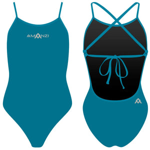 Blue Amanzi women's Bermuda tie-back one-piece swimsuit, featuring a stylish design with a flattering fit and adjustable straps.