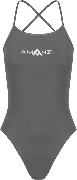 Amani women's grey shadow tie-back one-piece swimsuit with a sleek design and moderate coverage, ideal for swimming and beachwear.