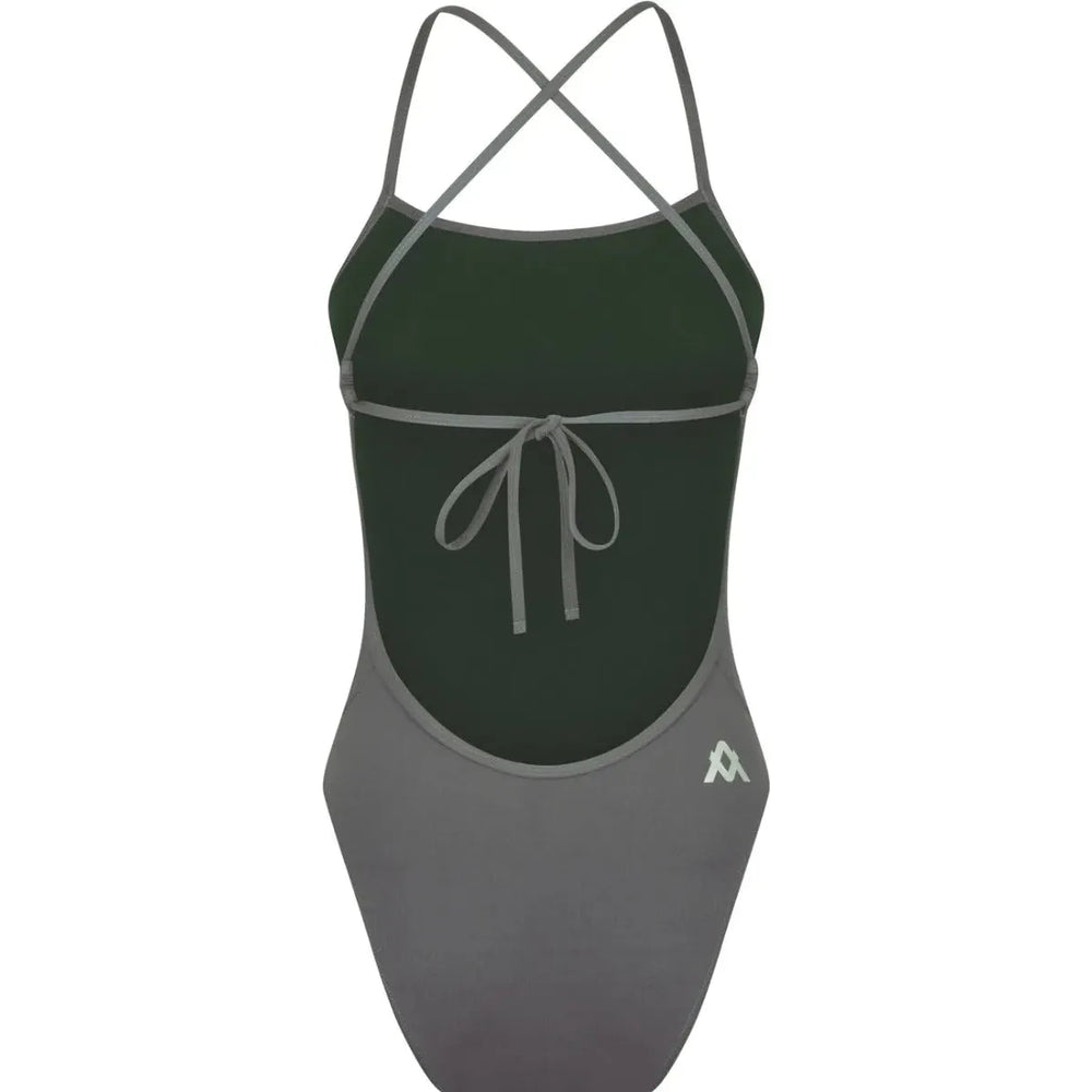 Amani women's grey shadow tie-back one-piece swimsuit featuring a stylish back design and comfortable fit.