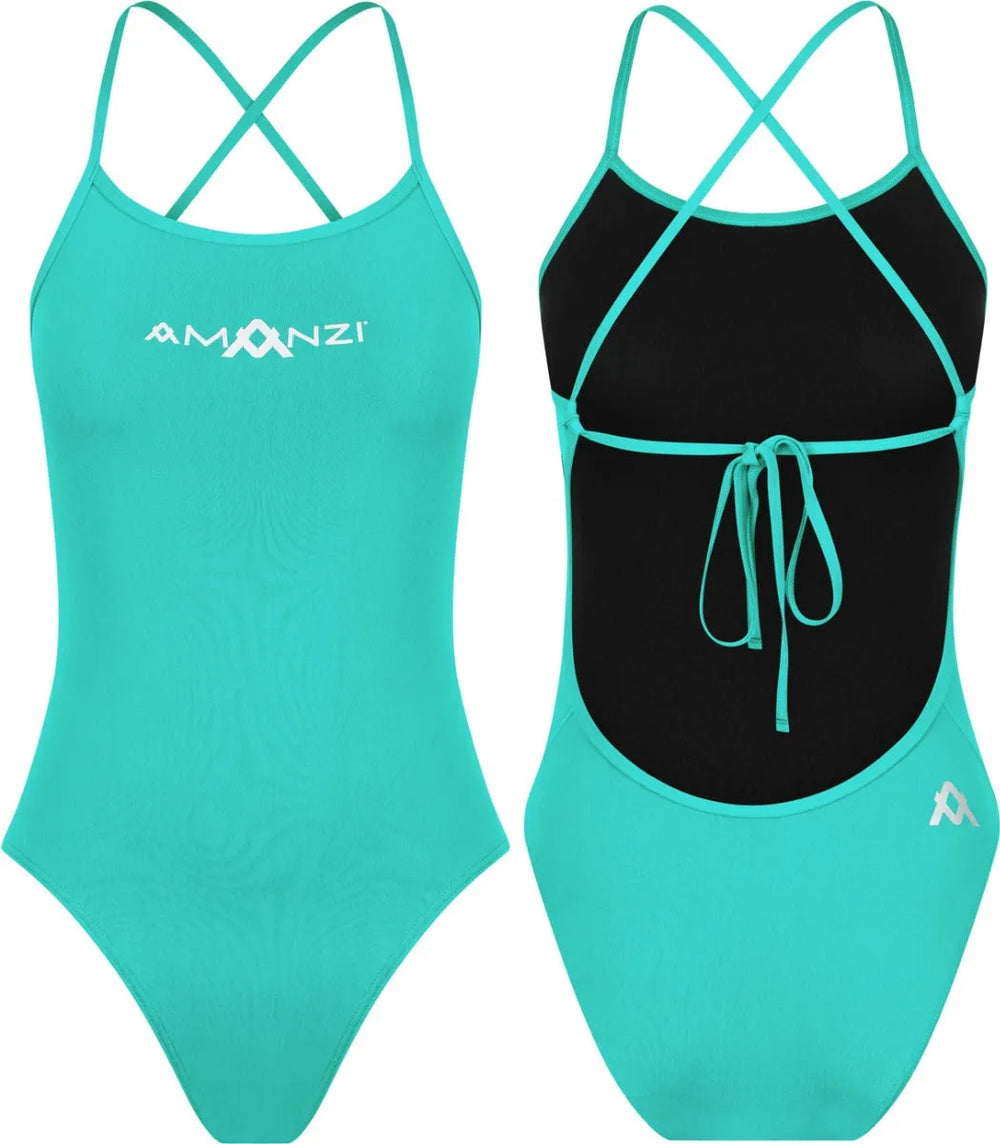 Amani Women's spearmint green tie-back one-piece swimsuit with a sleek design and adjustable straps, perfect for beach or pool.