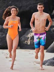Amani women's Sherbet tie-back swimsuit in vibrant orange, featuring a stylish back design and sleek swimsuit style.