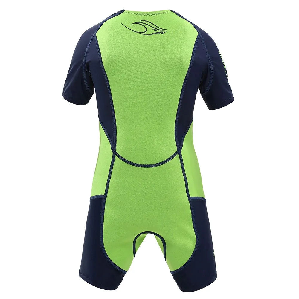 Green AquaSphere Kids Stingray HP short sleeve wetsuit, size 4 years, designed for children’s water activities and swimming.