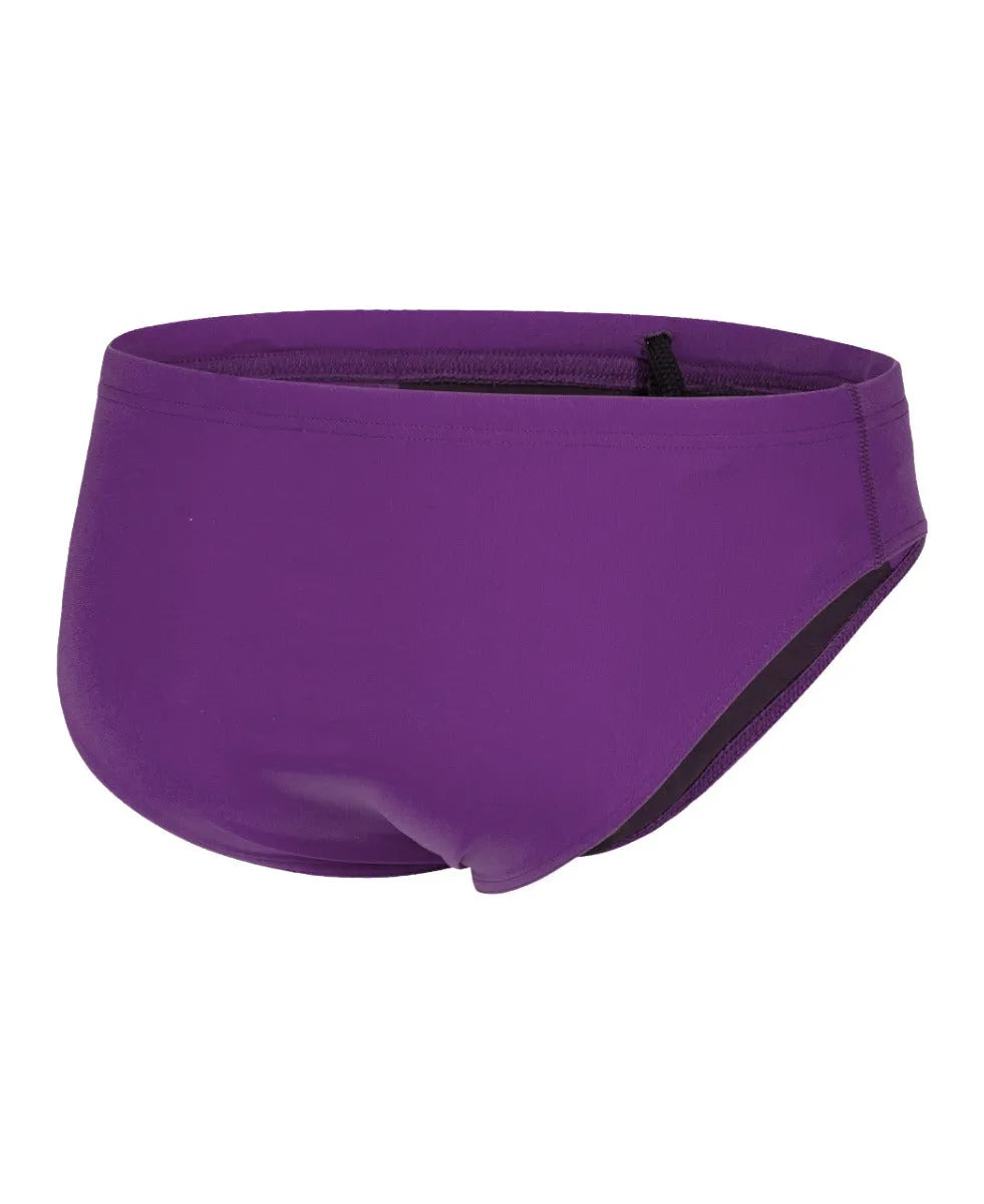 Arena men's solid team swim briefs in plum and white, featuring a snug fit and elastic waistband for competitive swimming.