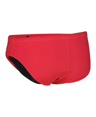 Arena men's team swim solid briefs, close-up of blue swimwear with waistband and logo detail.