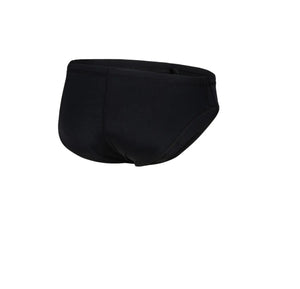 Black Arena men's team swim briefs, fitted swimwear with a sleek design, suitable for competitive and recreational swimming.