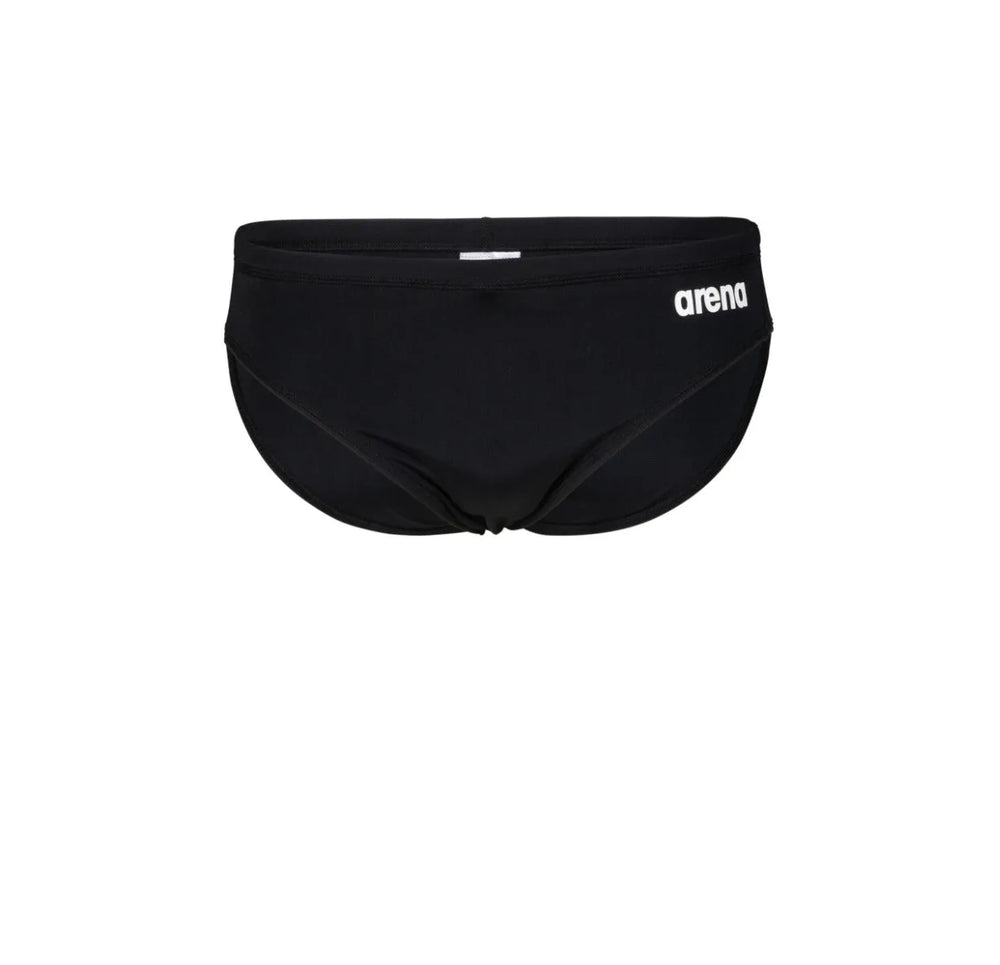 Arena men's team swim solid brief in black, showcasing a sleek, snug-fitting swimwear design perfect for competitive swimming.