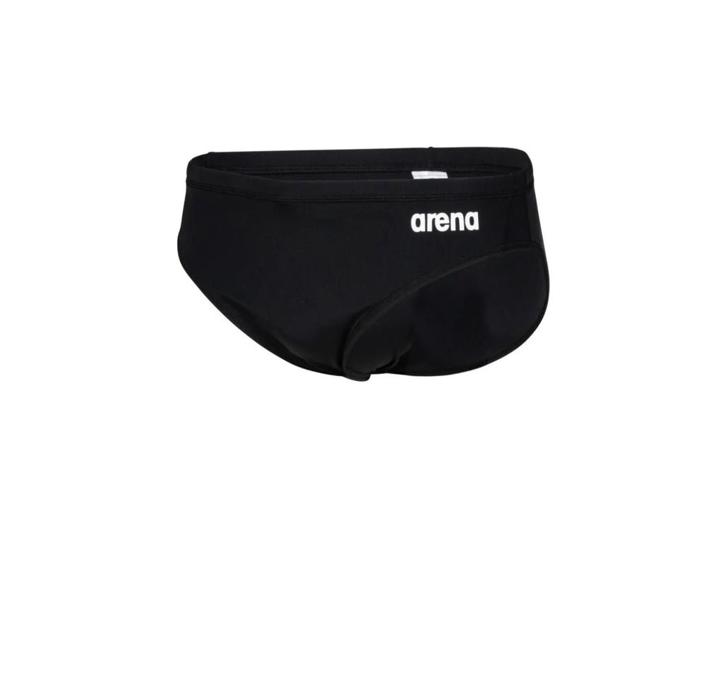 Black Arena men's team swim briefs with a snug fit and solid design, suitable for competitive swimming and training.