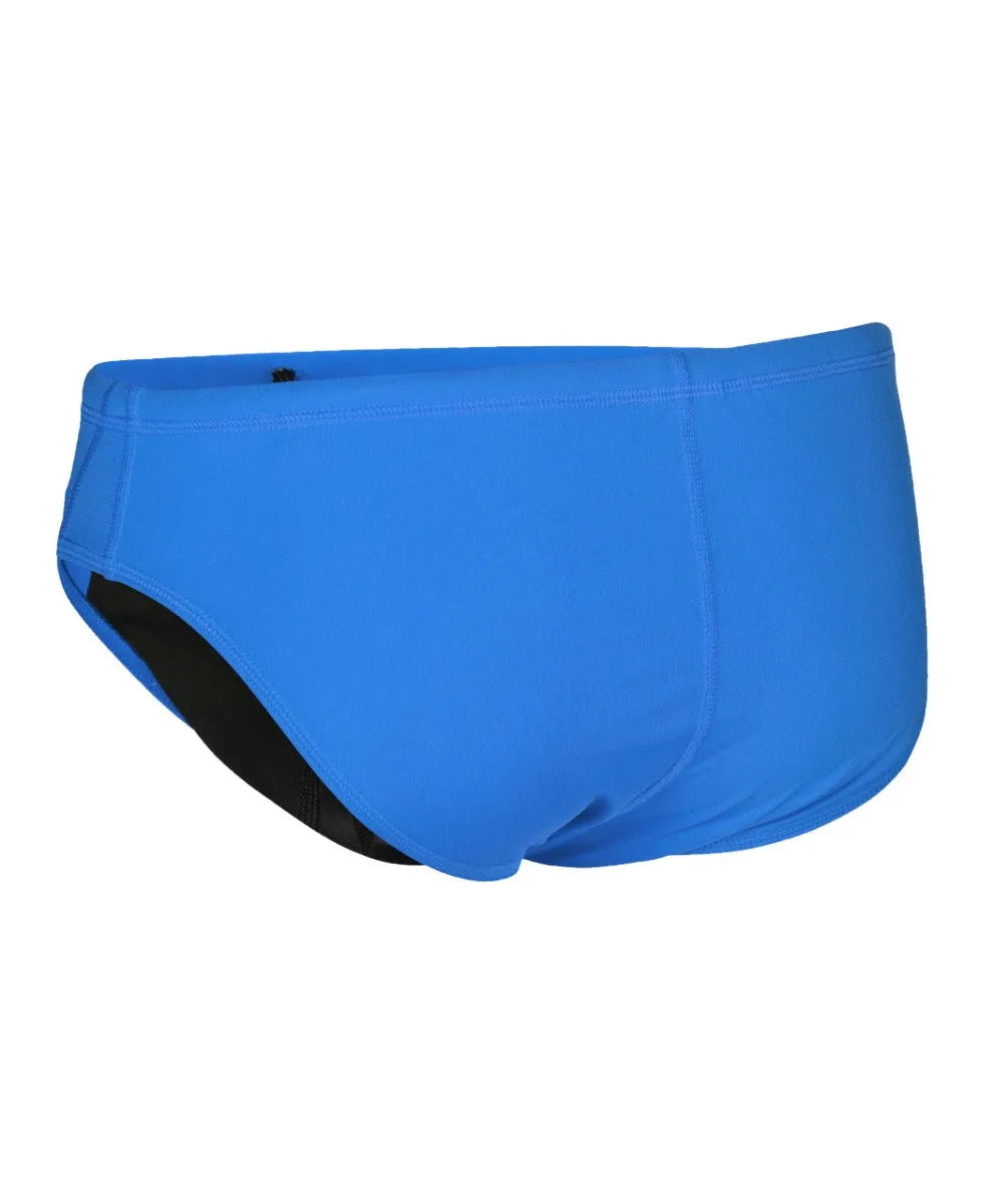 Blue Arena men's team swim briefs, solid design, snug fit, suitable for competitive swimming and training.
