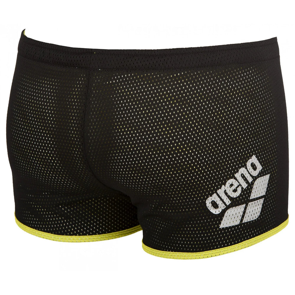 Black Arena square cut drag shorts, lightweight swimwear designed for competitive swimming and training.