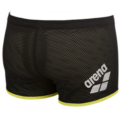 Black Arena square cut drag shorts, lightweight swimwear designed for competitive swimming and training.