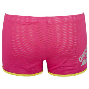 Pink Arena square cut drag shorts designed for competitive swimming, featuring a sleek, snug fit and durable fabric.