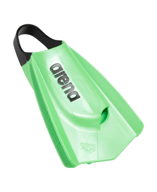 Green Arena Powerfin Pro II training fins for swimming, showing the sleek fin design and adjustable strap for water training. 981