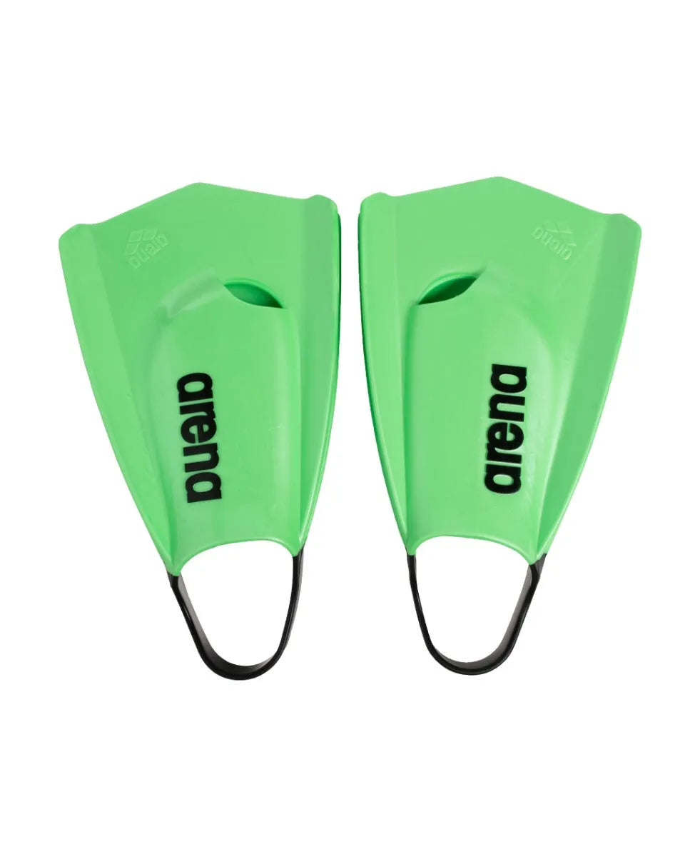 Green Arena Powerfin Pro II training fins for swimming, featuring a sleek design and adjustable strap for optimal performance.