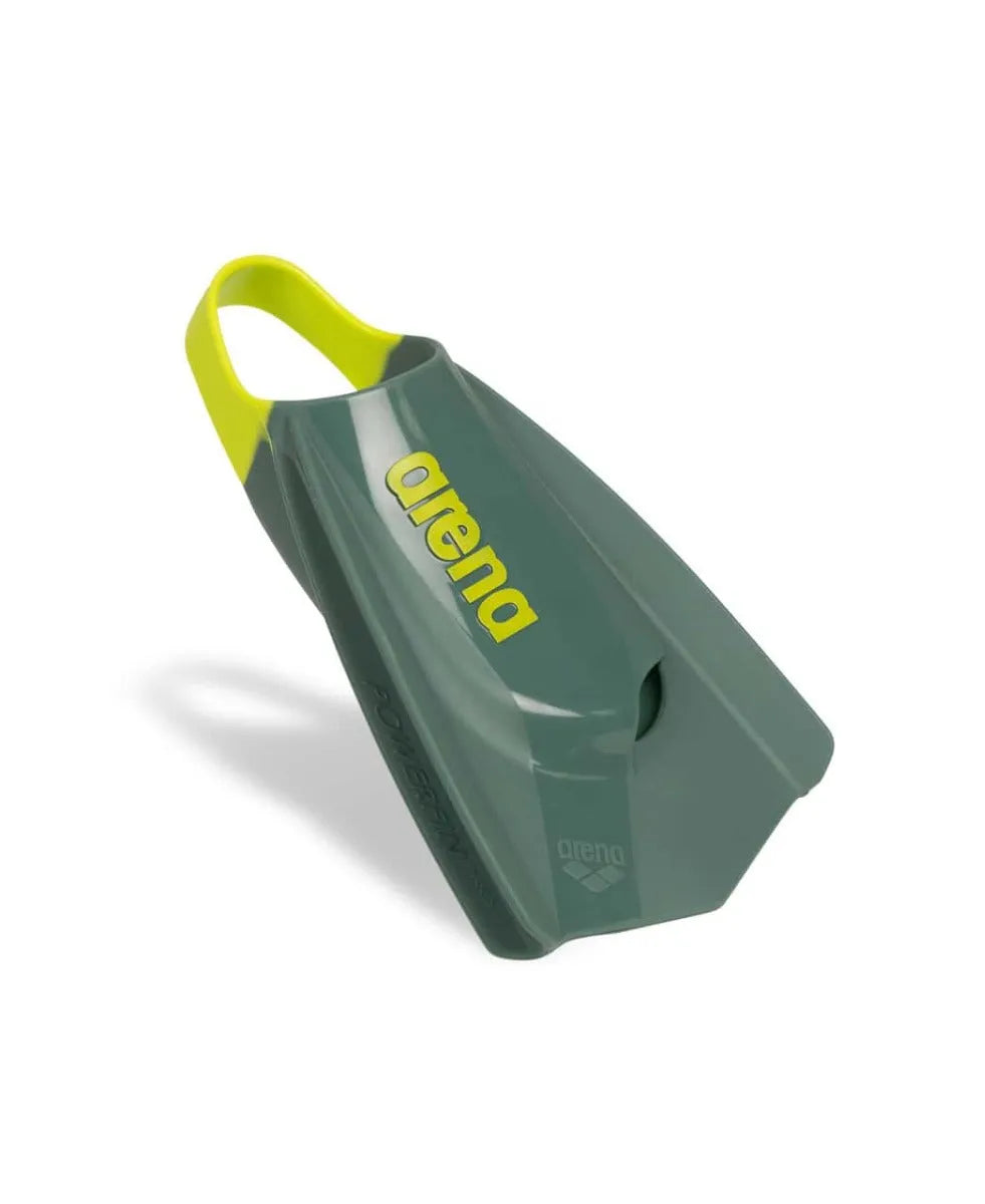 Arena Powerfin Pro II training fins in sage and lime color, designed for swimming training and performance.