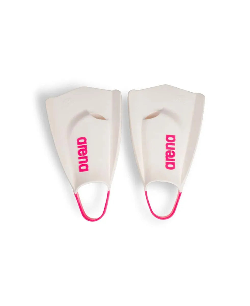 Arena Powerfin Pro II training fins in white and pink, designed for swim training and technique improvement.
