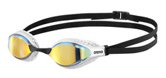 Arena Airspeed Mirror goggles in white and copper with reflective lenses, designed for competitive swimming.