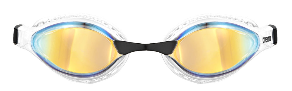 Arena Airspeed Mirror goggles in white and copper with mirrored lenses, featuring a sleek, streamlined design for competitive swimming.