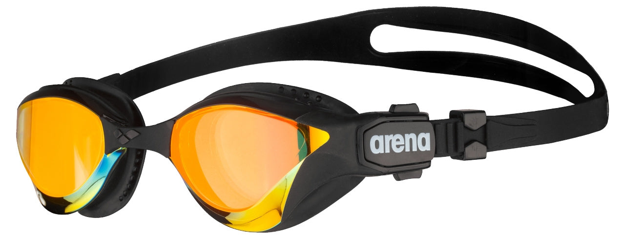 Black Arena Cobra Tri Swipe Mirror Goggles with sleek design and reflective lenses for competitive swimming.