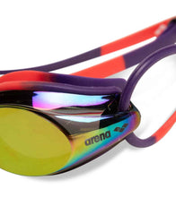 Arena Tracks mirror racing goggles in copper, plum, and coral with reflective lenses for swimming or racing.