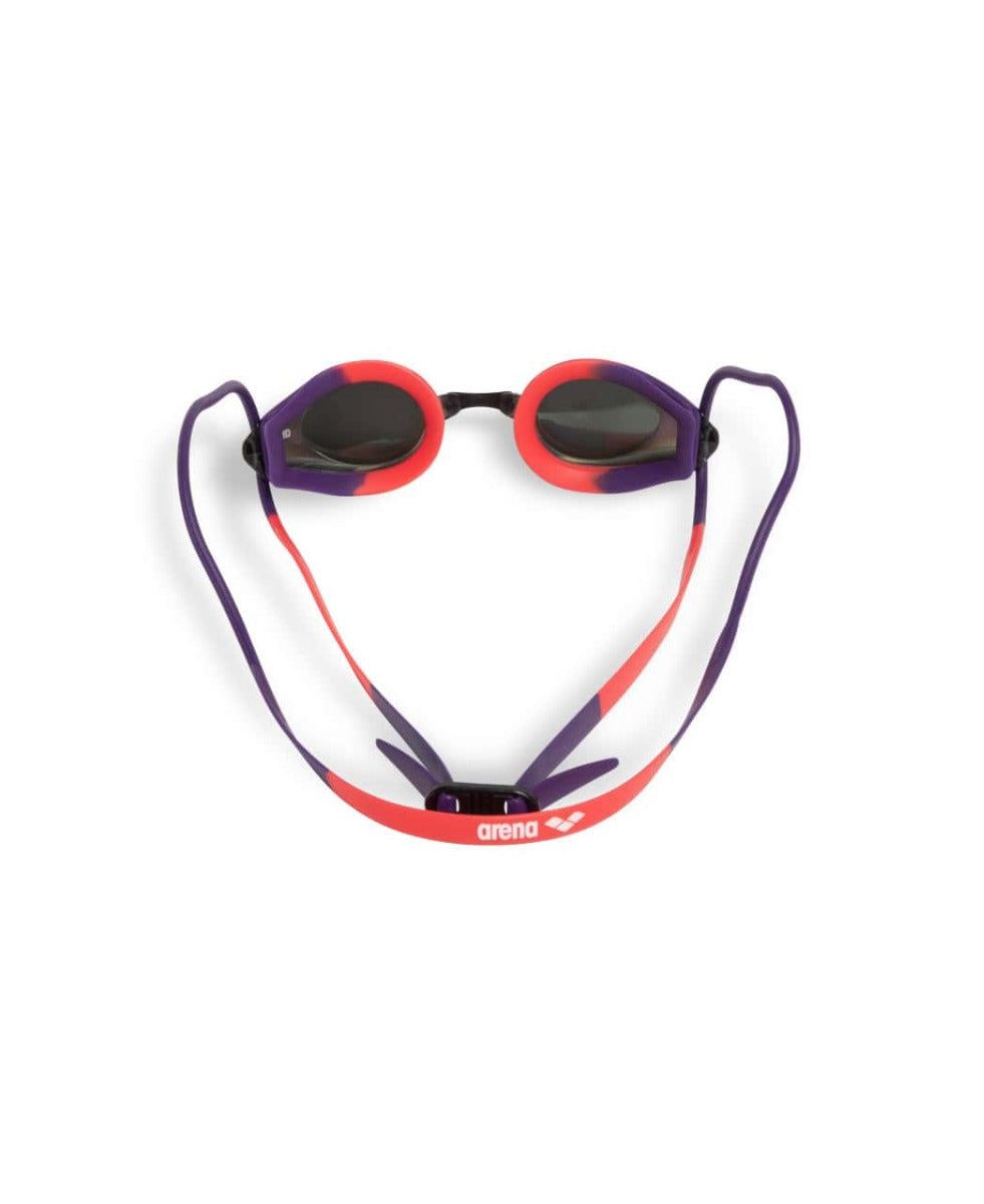 Arena Tracks mirror racing goggles in copper, plum, and coral with reflective lenses, designed for swim training and competition.