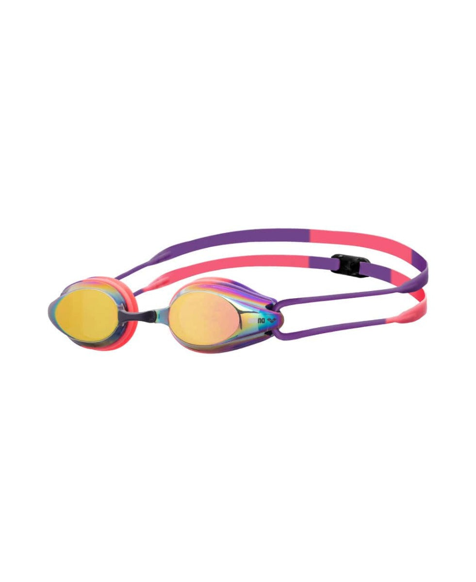 Arena Tracks Mirror Racing Goggles in copper, plum, and coral with reflective lenses for competitive swimming.