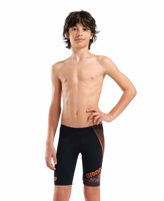Arena boys' swim jammer in black with orange and turquoise design, featuring a sleek fit for competitive swimming. 982