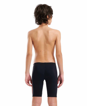 Arena boys' swim jammer in black with orange and turquoise design, featuring a snug fit and quick-drying fabric for competitive swimming.