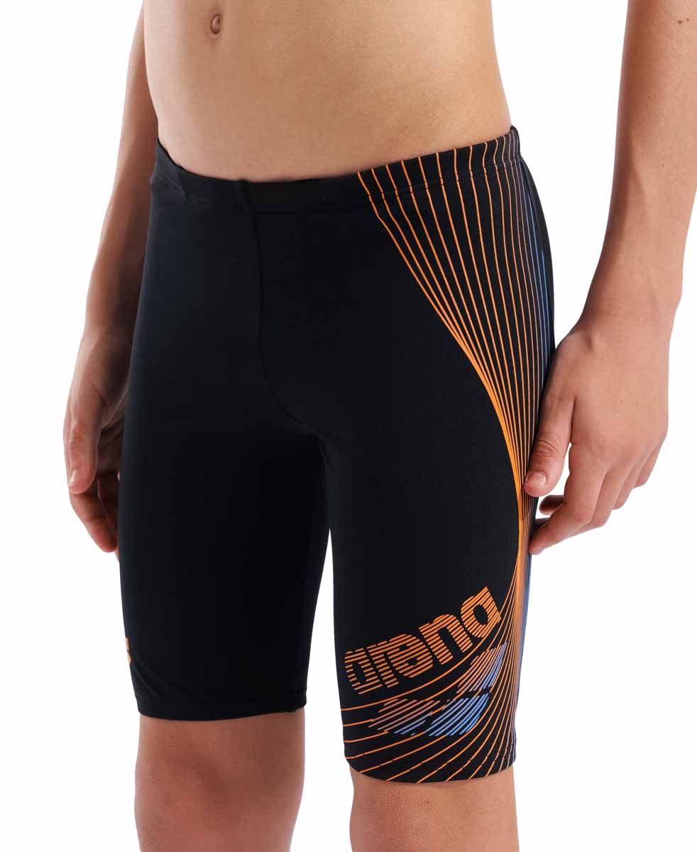 Arena boys' swim jammer in black with orange and turquoise design, featuring a comfortable fit for competitive swimming.