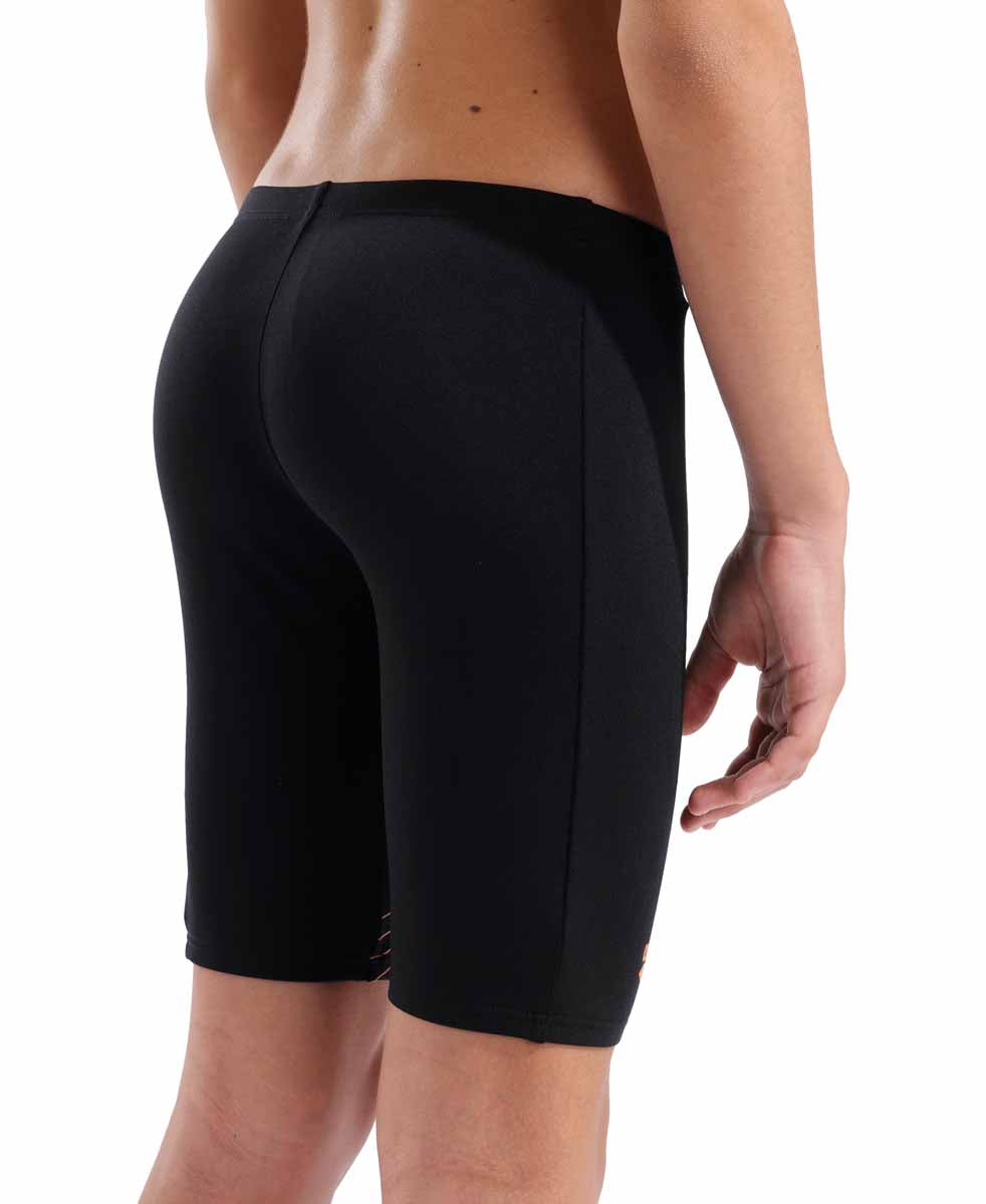Arena boys' swim jammer in black with orange and turquoise design, made for competitive swimming and active training.