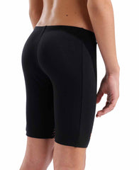 Arena boys' swim jammer in black with orange and turquoise design, made for competitive swimming and active training.