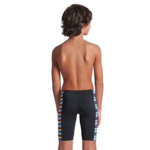 Arena boys' racing stripe swim jammer in black with multi-colored accents, designed for competitive swimming and training.