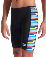 Arena Boys racing stripe swim jammer in black and multi-color, featuring sporty design and comfortable fit for swimming.