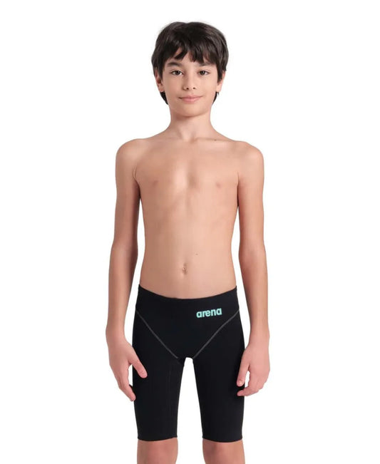 Arena Boys Powerskin Impulso Jammer in black and teal, featuring a sleek swim jammer design for competitive swimming. 982