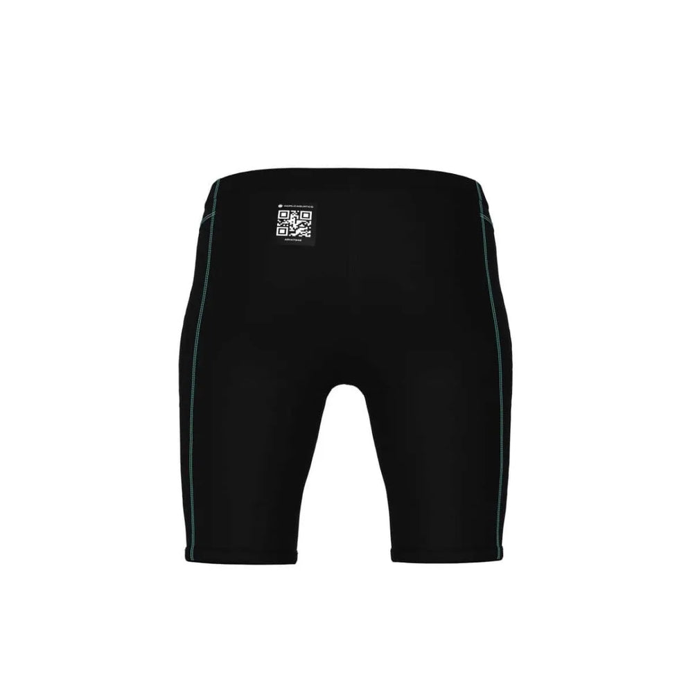 Arena Boys Powerskin Impulso Jammer in black and teal, featuring a sleek swim jammer design for young swimmers.
