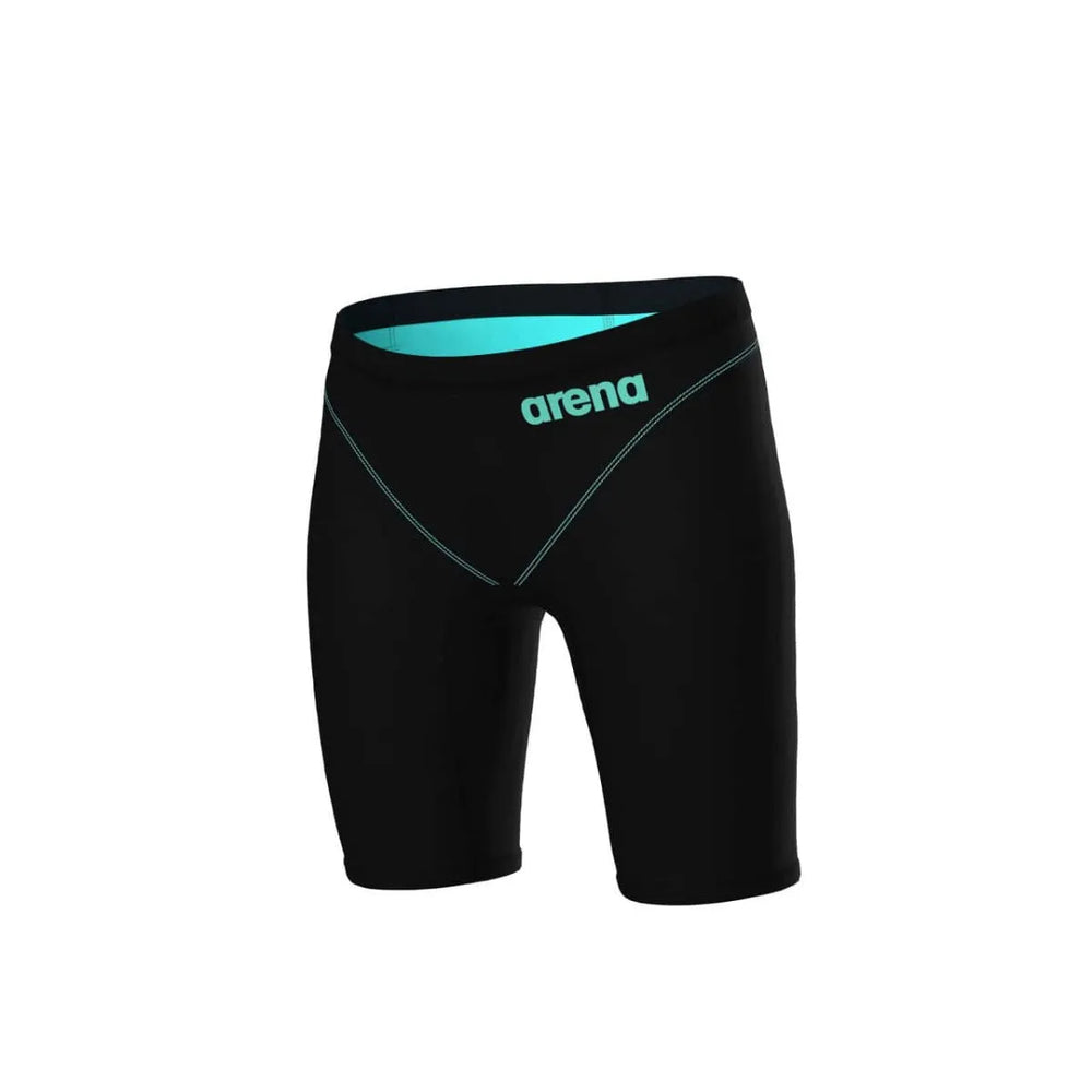 Black and teal Arena Boys Powerskin Impulso Jammer swimming suit for ages 8-9, designed for competitive swimming.