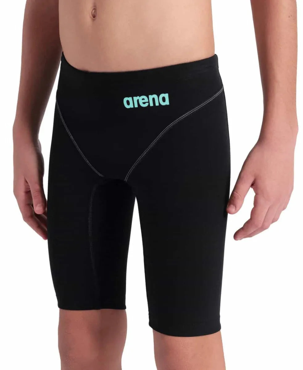 Arena Boys Powerskin Impulso Jammer in black and teal, full coverage swim jammer for young swimmers, featuring sleek design and comfortable fit.