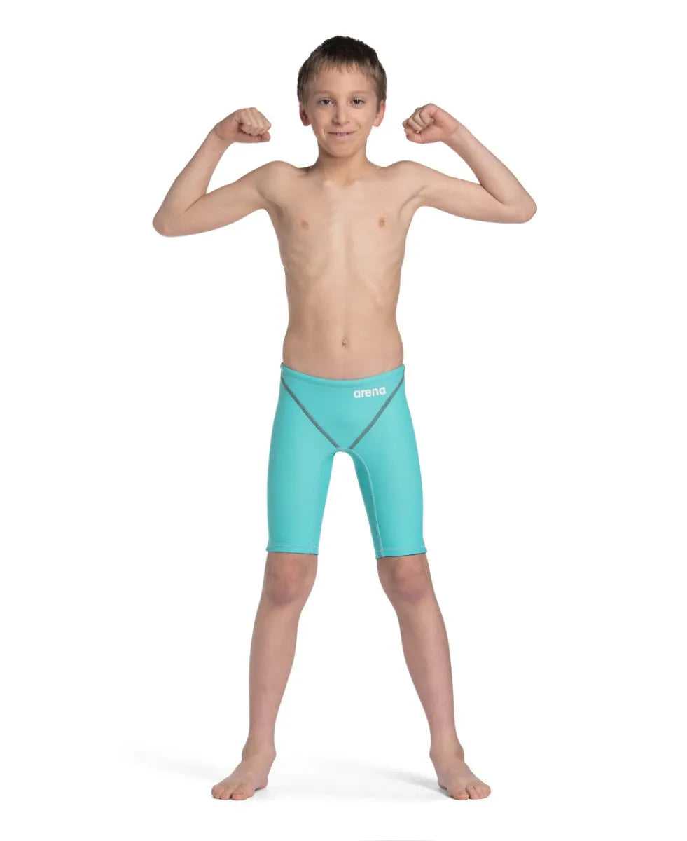 Arena Boys Powerskin ST Next Jammer in aquamarine, showcasing a sleek swim jammer designed for young swimmers.