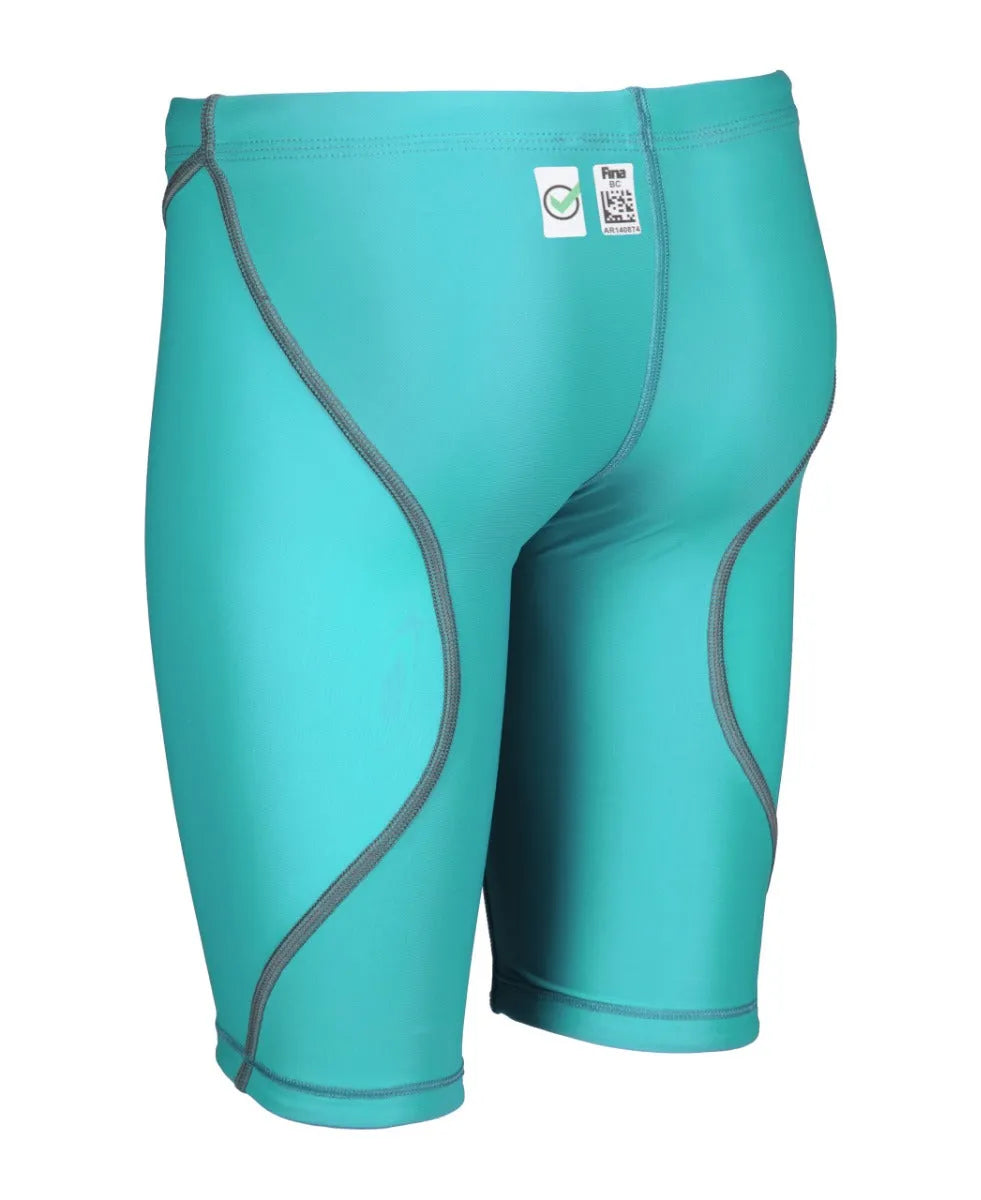 Arena Boys Powerskin ST Next Jammer in aquamarine, navy, and black for competitive swimming, featuring a sleek, streamlined design.