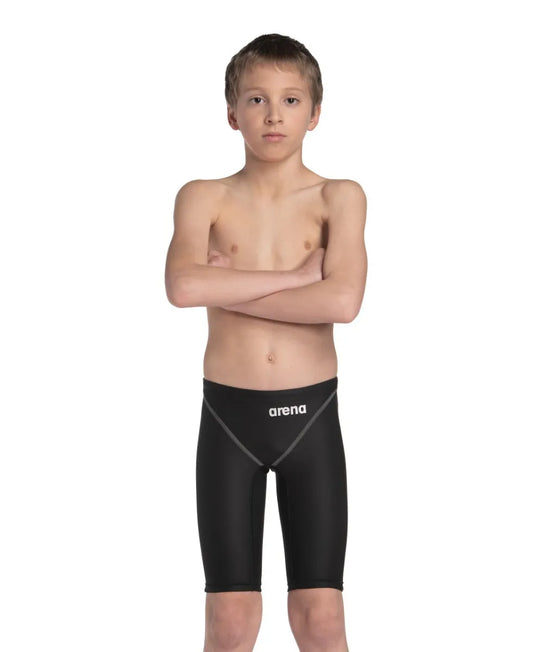 Black Boys Powerskin ST Next Jammer by Arena, close-up view showing sleek swimwear design for young swimmers. 981