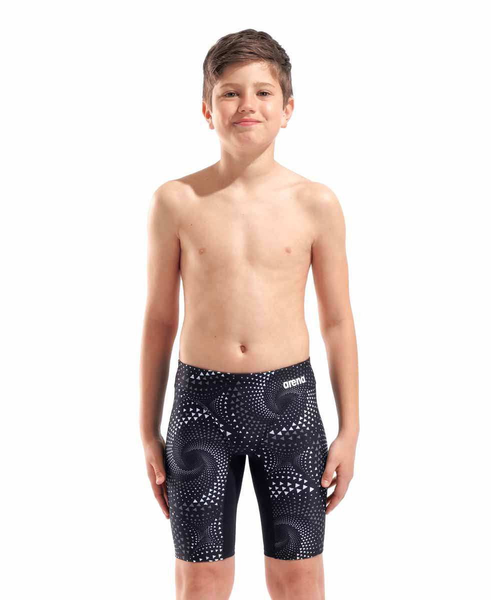 Black Arena Boys Fireflow Swim Jammer with sleek design, ideal for competitive swimming and training.