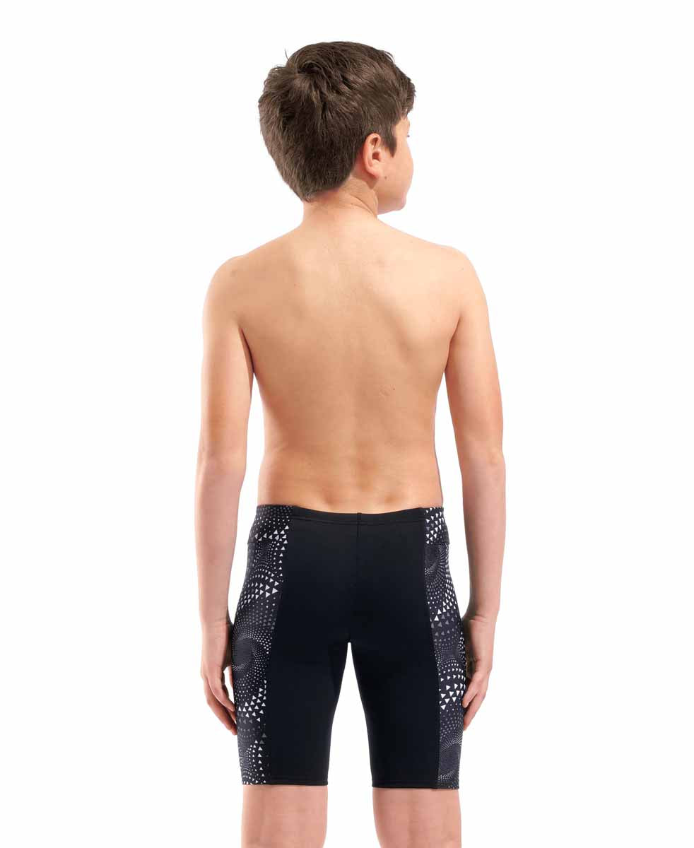Black Arena Boys Fireflow swim jammer shown with a sleek, fitted design, ideal for competitive swimming and training.